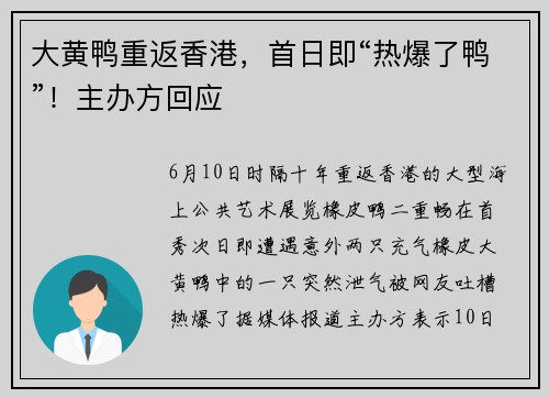 大黄鸭重返香港，首日即“热爆了鸭”！主办方回应
