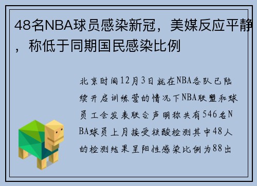 48名NBA球员感染新冠，美媒反应平静，称低于同期国民感染比例
