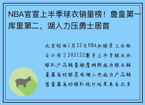 NBA官宣上半季球衣销量榜！詹皇第一库里第二，湖人力压勇士居首