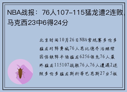 NBA战报：76人107-115猛龙遭2连败，马克西23中6得24分