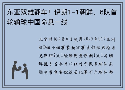 东亚双雄翻车！伊朗1-1朝鲜，6队首轮输球中国命悬一线