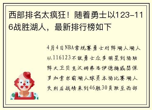 西部排名太疯狂！随着勇士以123-116战胜湖人，最新排行榜如下